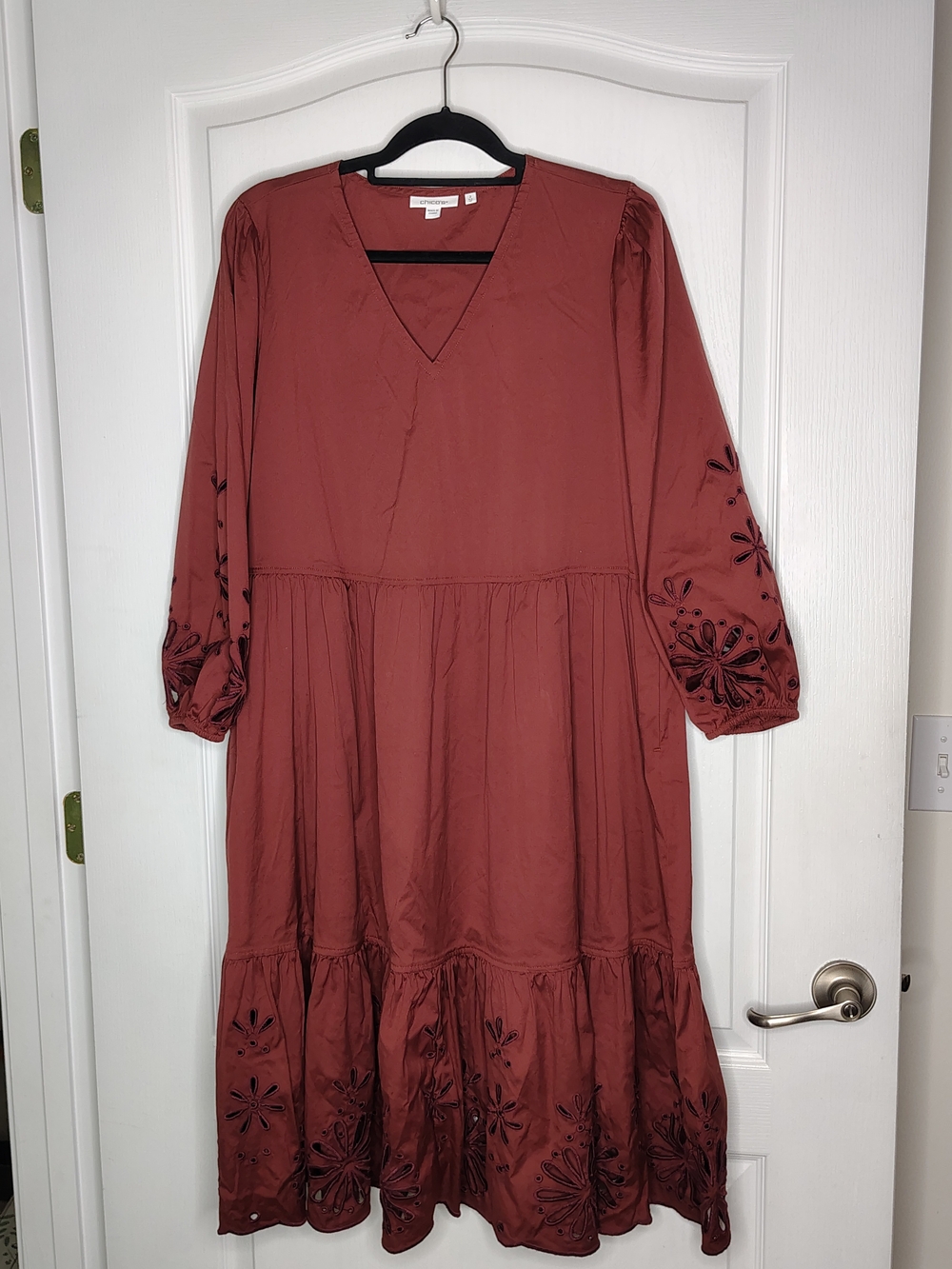 Chico's Rust Tiered Maxi Dress with Embroidered Sleeves